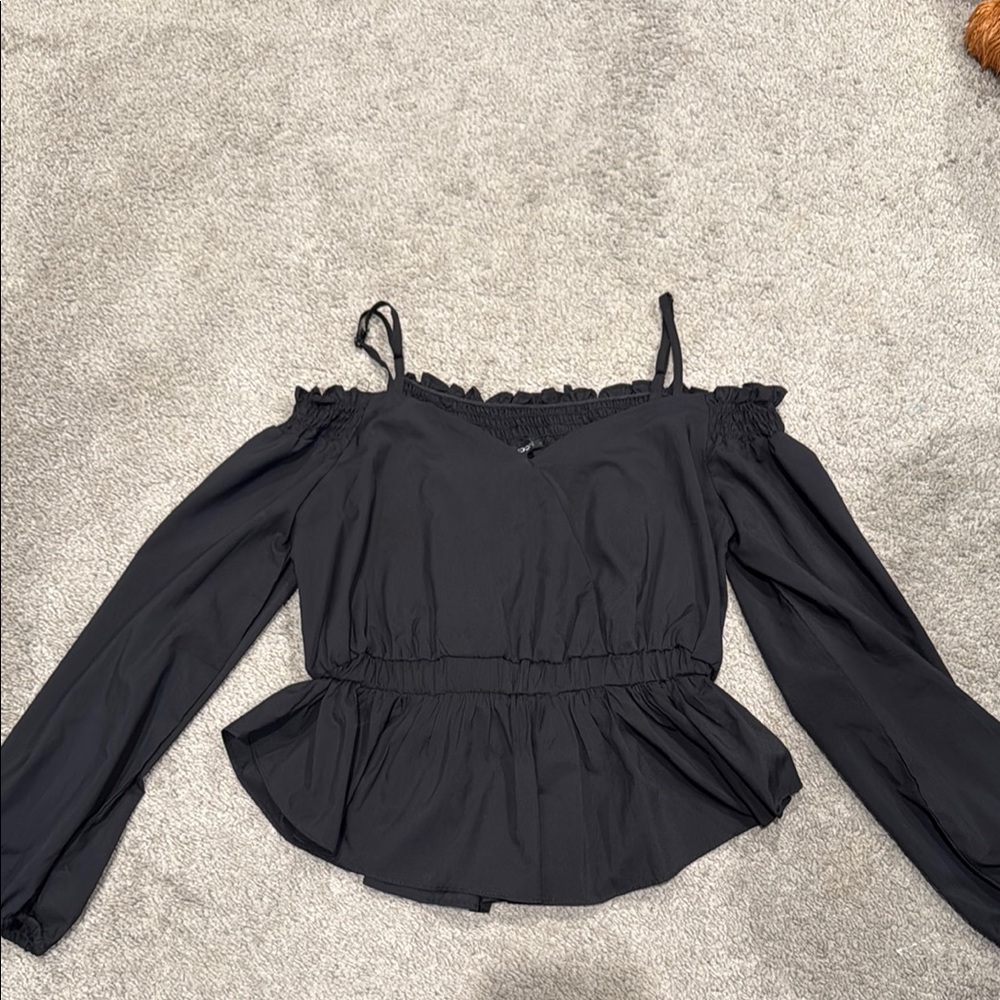 Black Ruffled Peplum Blouse with Long Sleeves
